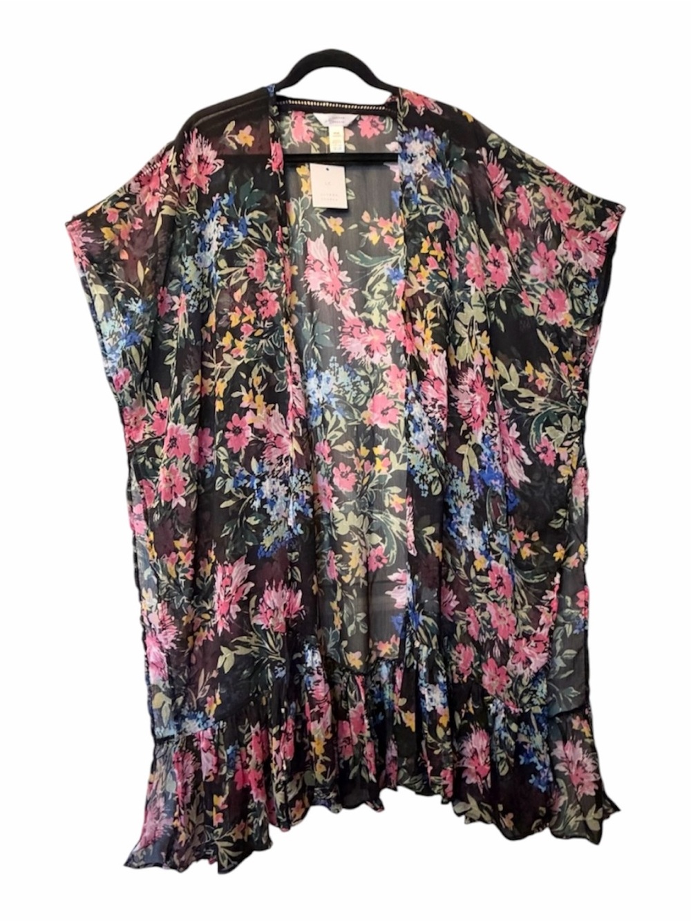 Lauren Conrad Garden Chiffon Black Floral Kimono OS Fits Large to 4X